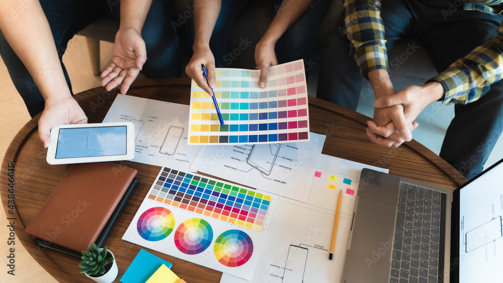 Wall mural website development ui/ux. designer brainstorming application for mobile creative digital concept