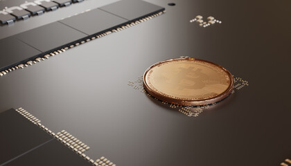 Blockchain technology services, Digital financial technology with bitcoin digital currency on motherboard background. 3d render.