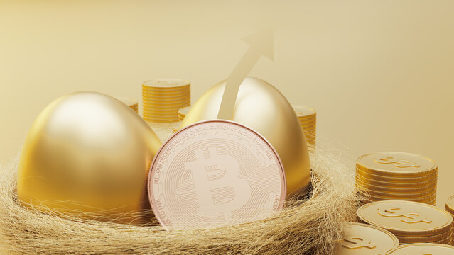 Gold coin bitcoin digital currency with gold egg in golden bird nest on yellow background. 3d render.