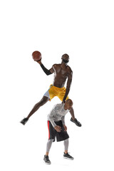 Obraz premium two men basketball players competition in silhouette isolated white background