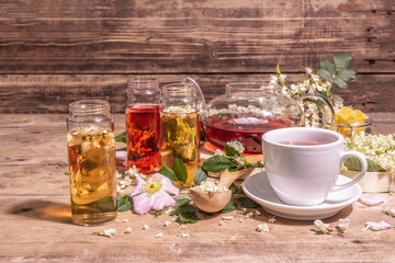 Assorted tea made from flowers. Fresh elderberry, rose hip, and acacia.