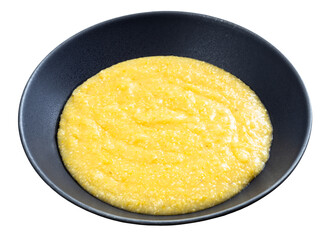 cooked cornmeal porridge in gray bowl isolated