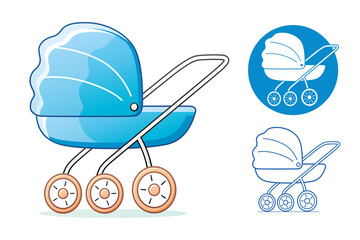 Blue baby child pram stroller isolated cartoon and icons