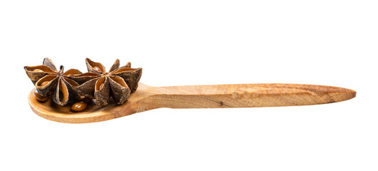 wooden spoon with star anise (badian) isolated