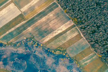 Rural landscape. Aerial top view. View of arable fields, forest, and river in summer