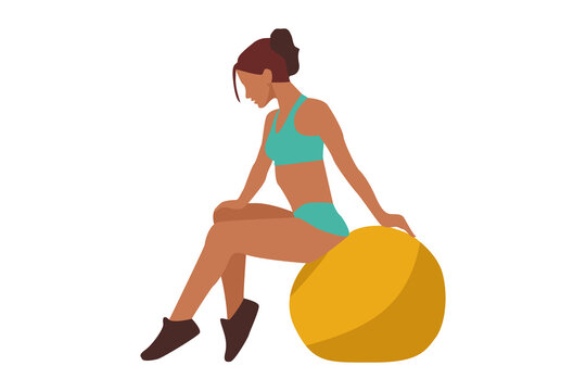 Sporting Slim Young Woman In Green Suit Sits On A Yellow Ball For Fitness