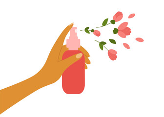 Rose water, flower hydrolat, perfume, natural cosmetics. Female hand holding aerosol dispenser spraying by petals, buds, leaves. Nature aroma fragrance. Body beauty care. Freshness vector illustration - obrazy, fototapety, plakaty