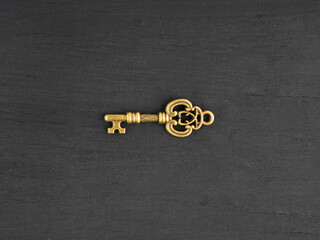 Bronze antique small key on black wooden background