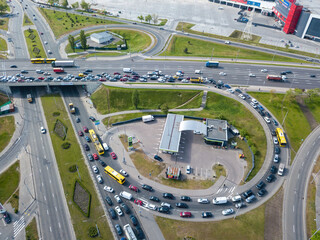 Traffic jam on the road bridge. Aerial drone view.