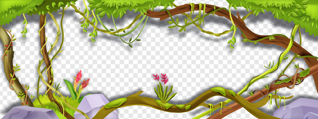 Jungle liana vector green frame, tropical vine branch illustration on transparent background. Paradise plant, green vegetation, exotic flower, stone, moss, tree trunk. Amazon rainforest liana frame - obrazy, fototapety, plakaty