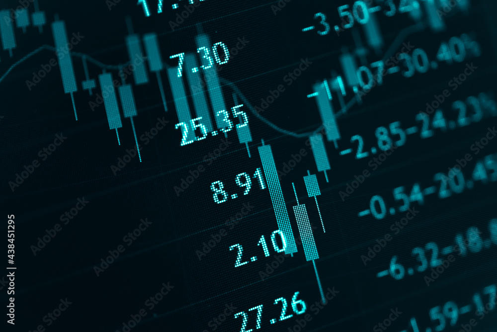 Poster stock market data on digital led display. fundamental technical analysis with candle stick graph cha