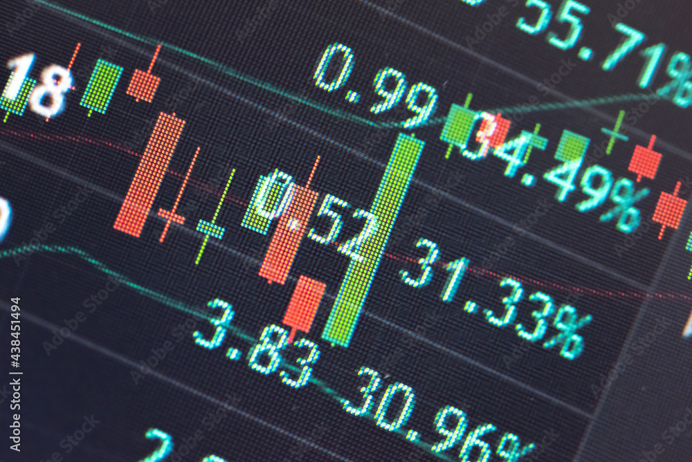 Poster stock market data on digital led display. fundamental technical analysis with candle stick graph cha