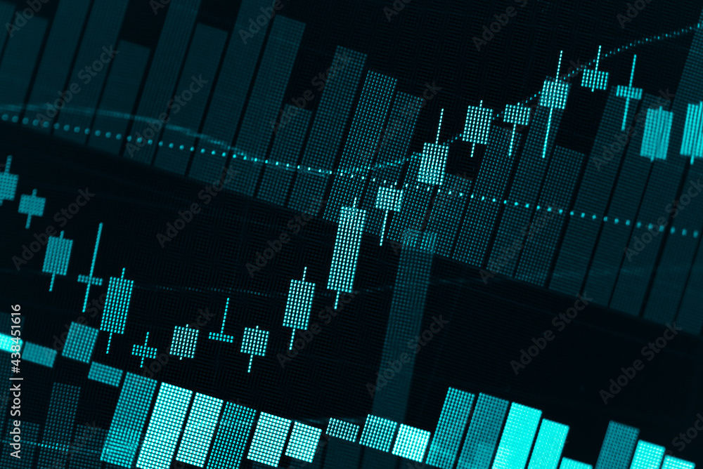 Poster stock market data on digital led display. fundamental technical analysis with candle stick graph cha