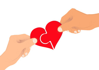 Hands connecting heart jigsaw pieces together, giving and sharing love concept vector illustration