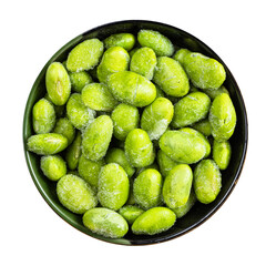top view of frozen unripe soybeans in round bowl