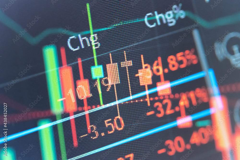 Poster stock market data on digital led display. fundamental technical analysis with candle stick graph cha