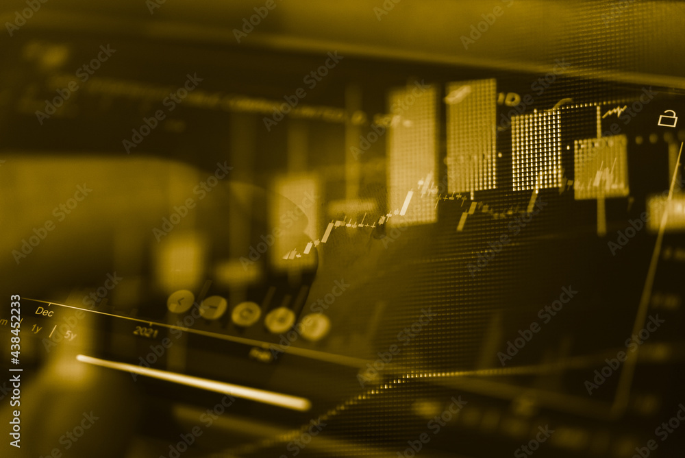 Poster stock market data on digital led display. fundamental technical analysis with candle stick graph cha