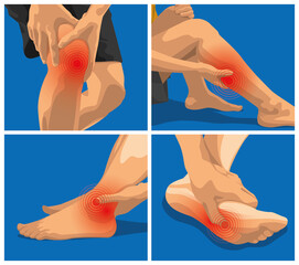 Pain and injuries in body parts. woman is feeling pain in knee, calf, ankle and sole. 