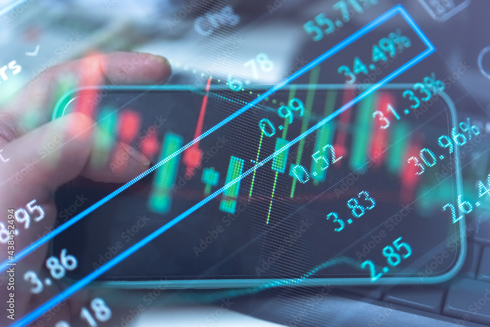 Poster stock market data on digital led display. fundamental technical analysis with candle stick graph cha