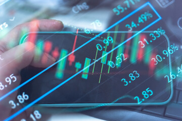 Stock market data on digital LED display. Fundamental technical analysis with candle stick graph chart of stock market trading to represent about Bullish and Bearish point for new normal 2020 trends .