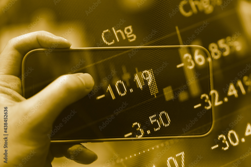 Poster stock market data on digital led display. fundamental technical analysis with candle stick graph cha