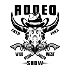 Buffalo skull in cowboy hat and crossed guns vector monochrome emblem, badge, label, logo or apparel design for rodeo show isolated on white background