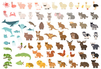 Cute isolated Forest, sea ocean, savannah, farm, zoo animals. Big set of vector pig koala whale cow bear lion tiger kangaroo quokka wolf horse giraffe hippo duck zebra crab elephant in flat style