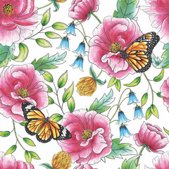 Watercolor Botanical Garden with Flowers and Butterfly Seamless Pattern