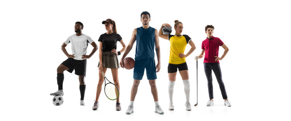 Sport collage. Tennis, fitness, soccer football, boxing, golf, hockey players posing isolated on white studio background.