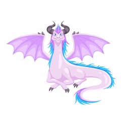 Magic Dragon. Winged with horns and wings purple dragon. Fantasy creature, mythical cute reptile, medieval fairy tail animal, flying dinosaur. Childish decor, vector cartoon isolated illustration
