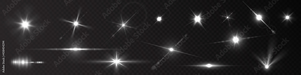 Poster Flash light on black background. Vector glow sparkle effect. Abstract lens flare ignition. Flashing lights