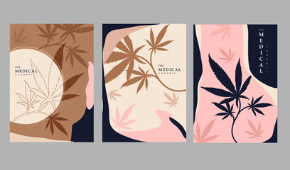 Fototapeta na wymiar Set of cannabis leaf minimal posters with abstract organic shapes composition in trendy contemporary collage style, can be used for wall art decoration, postcard, cover design, Cannabis leaf