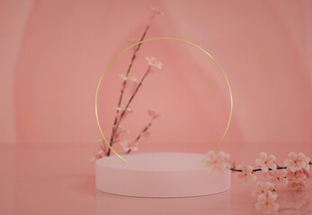 Podium, stand, showcase on pastel light, pink background and flowers. for premium product with nature plant, leaves.3d render.