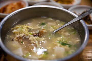 Light pollock soup with tofu, egg and green onion in dried pollack, traditional Korean food