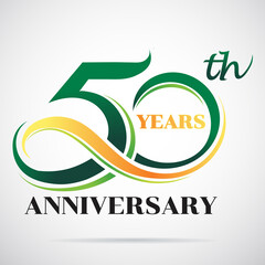 50 years anniversary celebration logo design with decorative ribbon or banner. Happy birthday design of 50th years anniversary celebration.