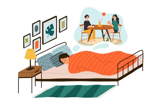 Man sees dream. Happy male character lying in comfortable bed, boy in love, dreams in cloud romantic date with girlfriend, modern bedroom interior. Vector cartoon isolated concept