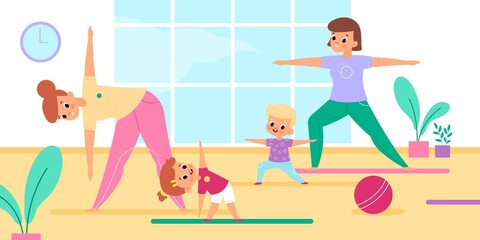 Mothers yoga with kids. Moms and children group fitness class, joint spot activity, girl and boy in sports room, stretching and balance, meditation position and asana. Vector set