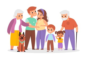 Big family portrait. Happy people characters group, different ages relatives, parents and children with grandparents and pet. Husband and pregnant wife. Vector cartoon isolated concept