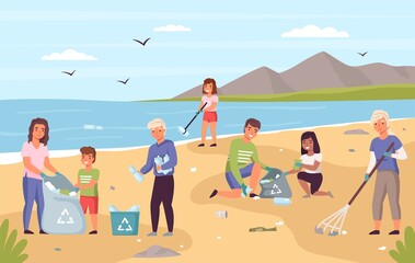 Collect beach garbage. Parents with children clean seashore from trash, people ecologic activity, volunteers teamwork caring nature, ocean pollution protection. Save the Earth vector concept