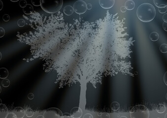 Silhouette eines Kirschbaums hat die Form eines Herzes, auf Wiese stehend ,Hintergrund schwarz. Silhouette vom Baum und Wiese weiß, Strahlen von oben, um Baum schweben Luftblasen, metallig