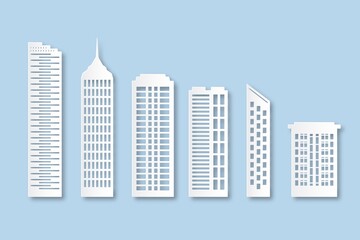 Origami city houses. Paper buildings with windows. Cardboard urban skyscrapers collection. Modern panorama, simple white silhouette. White paper cut elements. Vector isolated set