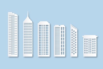 Fototapeta premium Origami city houses. Paper buildings with windows. Cardboard urban skyscrapers collection. Modern panorama, simple white silhouette. White paper cut elements. Vector isolated set