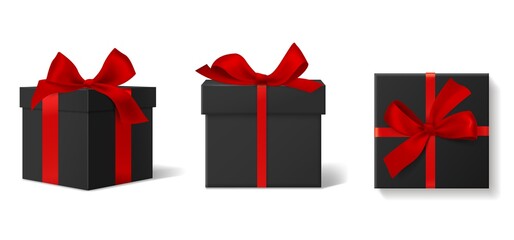 Realistic black gift boxes. 3d luxury dark boxes with red ribbons and bows, different angles view, closed cardboard wrapping containers, holiday surprise packaging, vector isolated set