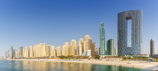 Dubai Jumeirah Beach JBR Marina skyline architecture buildings travel vacation panorama in United...