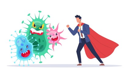 Fight against viruses. Countering viruses. Man in superhero suit and pathogens, infections protection and medical prevention. Human immunity protects body from germs. Vector cartoon concept