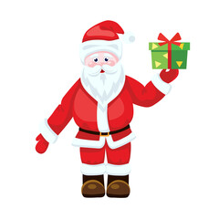 Cartoon Santa Claus with a gift box in his hand. Colorful vector illustration on white background.