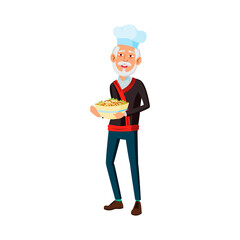 elderly man cook chef holding prepared dish in restaurant kitchen cartoon vector. elderly man cook chef holding prepared dish in restaurant kitchen character. isolated flat cartoon illustration