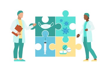 Fototapeta na wymiar Medical decision. Doctors in uniform with huge puzzle, teamwork in clinic or hospital, diagnosis and treatment, professional discussion and research. Vector cartoon health care concept