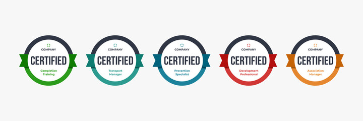 Certified badge logo design for company training badge certificates to determine based on criteria. Set bundle certify colorful vector illustration. - obrazy, fototapety, plakaty