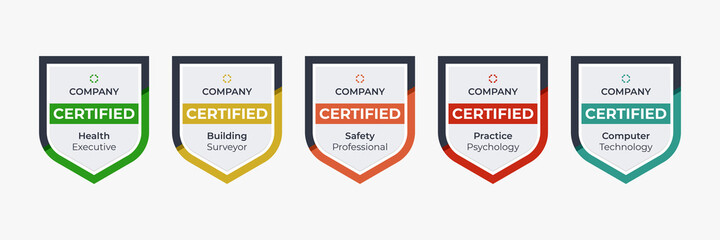 Shield badge icon template. Certified logo base on criteria. Vector certification icon label illustration - obrazy, fototapety, plakaty